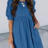 41AvVtmky4L.jpg Womens Summer Crewneck Puff Sleeve Babydoll Elegant Empire Waist Mini Swing Skater Dresses with Pockets