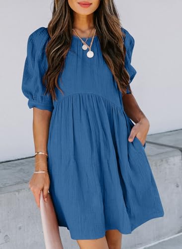 41AvVtmky4L.jpg Womens Summer Crewneck Puff Sleeve Babydoll Elegant Empire Waist Mini Swing Skater Dresses with Pockets