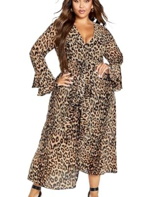 41BYl5FGwAL.jpg Women's Plus Size Maxi Dress-Plunge Frill Print