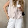 41Cdg9wn-AL.jpg Women's Casual Zip Up Vest Cargo Ruched Hem Lightweight Sleeveless Blazer Oversized Jackets Top with Pockets