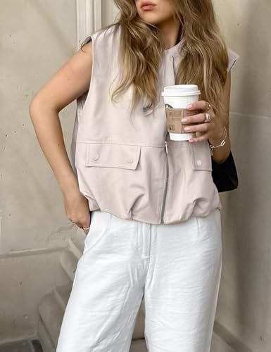 41Cdg9wn-AL.jpg Women's Casual Zip Up Vest Cargo Ruched Hem Lightweight Sleeveless Blazer Oversized Jackets Top with Pockets