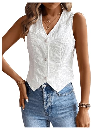 Women's Eyelet Embroidery V Neck Button Up Vest Boho Sleeveless Blouse Top