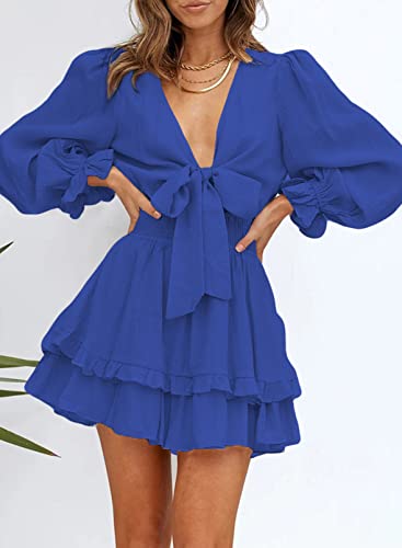 41DmbYLMaWL.jpg Womens Dresses Spring Summer Knot Front V Neck Ruffles Long Sleeve Floral Print Swing Mini Dress