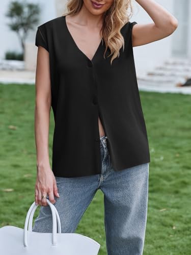 41EKsHYFbYL.jpg Womens Deep V Neck Sweater Vest Sleeveless Knit Button Up Loose Fit Cap Sleeve Trendy Summer Tops