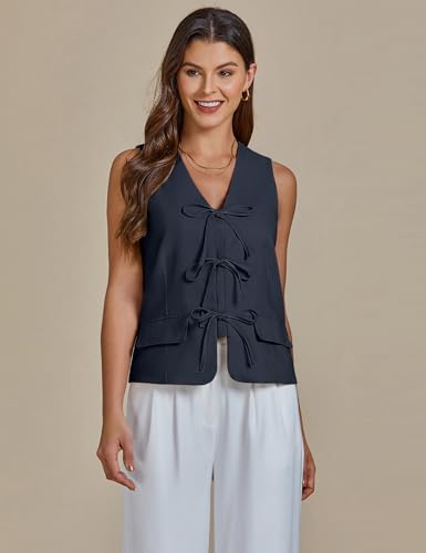 41ENUuAbDzL.jpg Linen Vest for Women Trendy Sleeveless Tie Front Tops Summer Casual Top Waistcoat Suit Vests with Pockets