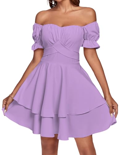 Women's Tie Back Off Shoulder Wrap Layer Ruffle Short Sleeve Mini Dress