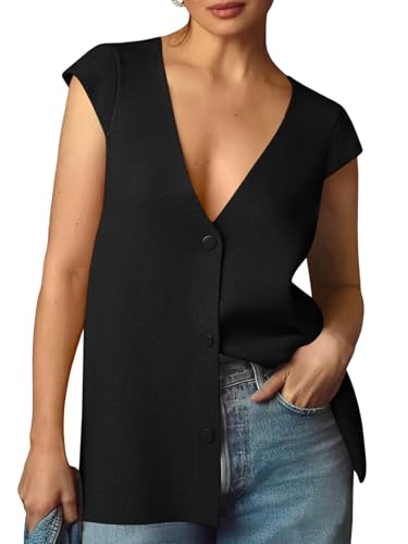 41EWBf4x76L.jpg Womens Deep V Neck Sweater Vest Sleeveless Knit Button Up Loose Fit Cap Sleeve Trendy Summer Tops