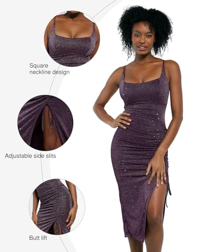 41Ey7CjditL.jpg Sparkly Cocktail Dresses for Women Tummy Control Formal Shapewear Dress Square Neck Ruched Midi Dress Side Slit