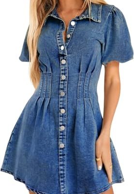 Summer Denim Dress for Women Puff Sleeve Slim Fit Jean Dresses for Women 2025 Casual