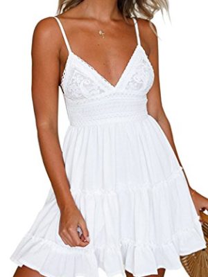 41Hq90HPfKL.jpg Summer Dresses for Women 2025 V-Neck Spaghetti Strap Bowknot Backless Sleeveless Lace Mini Swing Skater Dress