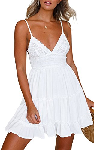Summer Dresses for Women 2025 V-Neck Spaghetti Strap Bowknot Backless Sleeveless Lace Mini Swing Skater Dress
