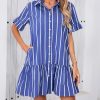 Women's Cotton Linen Ruffle Mini Dress Short Sleeve Button Down Drop Waist Tunic Shirt Dress