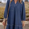 41IASA7L4gL.jpg Denim Dress for Women Fashion Fall Casual Babydoll 2025 V Neck 3/4 Puff Sleeve Jean Dresses
