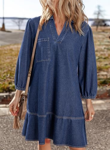 41IASA7L4gL.jpg Denim Dress for Women Fashion Fall Casual Babydoll 2025 V Neck 3/4 Puff Sleeve Jean Dresses