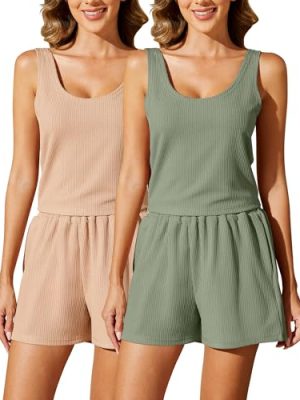 41InqwPK2LL.jpg 2 Pack Womens Summer 2 Piece Outfits Short Sets Matching Sleeveless Lounge Crop Top High Waisted Short with Pocket