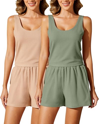 2 Pack Womens Summer 2 Piece Outfits Short Sets Matching Sleeveless Lounge Crop Top High Waisted Short with Pocket