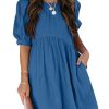 41J5c-zxxZL.jpg Womens Summer Crewneck Puff Sleeve Babydoll Elegant Empire Waist Mini Swing Skater Dresses with Pockets