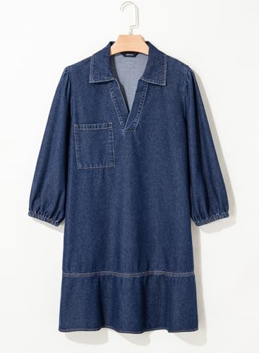 41JIZIWbMDL.jpg Denim Dress for Women Fashion Fall Casual Babydoll 2025 V Neck 3/4 Puff Sleeve Jean Dresses