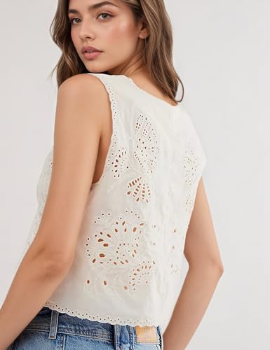 Womens Vest Top Trendy Floral Embroidered Eyelet Tie Front Tops Fashion Crochet Lace Hollow Out Vests