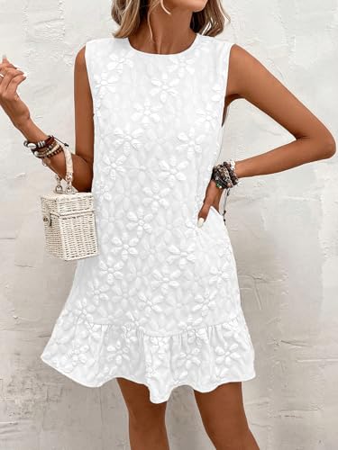 Women's Ruffle Hem Sleeveless Tank Dress Round Neck Casual Jacquard Hem Smock Summer Mini Dresses