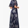 Women's V Neck Flutter Sleeve Metallic Print Flowy Dress