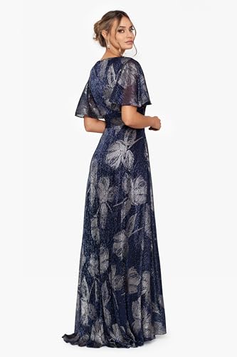 Women's V Neck Flutter Sleeve Metallic Print Flowy Dress