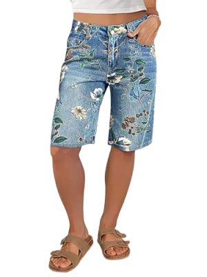 41LMMWNU8SL.jpg High Waisted Bermuda Shorts for Women Knee Length Floral Print Stretchy Summer Denim Shorts Trendy