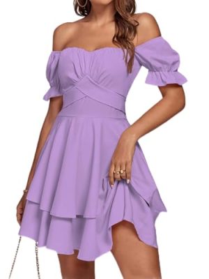41LfYnHSgRL.jpg Women's Tie Back Off Shoulder Wrap Layer Ruffle Short Sleeve Mini Dress