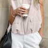 41MeKxUm29L.jpg Women's Casual Zip Up Vest Cargo Ruched Hem Lightweight Sleeveless Blazer Oversized Jackets Top with Pockets