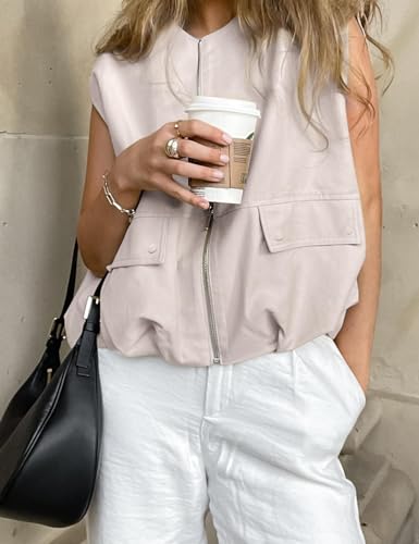 41MeKxUm29L.jpg Women's Casual Zip Up Vest Cargo Ruched Hem Lightweight Sleeveless Blazer Oversized Jackets Top with Pockets