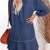 41MgJFGtfL.jpg Denim Dress for Women Fashion Fall Casual Babydoll 2025 V Neck 3/4 Puff Sleeve Jean Dresses