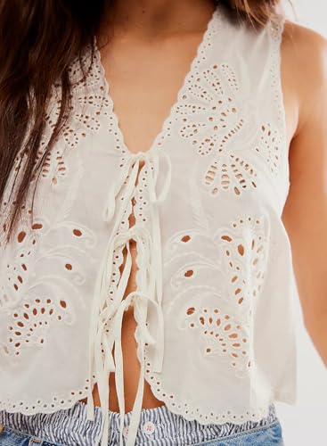 Womens Vest Top Trendy Floral Embroidered Eyelet Tie Front Tops Fashion Crochet Lace Hollow Out Vests