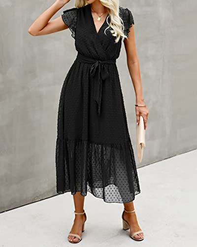 41NlR05tmLL.jpg Women Summer Bohemian Floral Casual Wrap V Neck Ruffle Cap Sleeveless Belt A-Line Pleated Hem Midi Sun Dress White