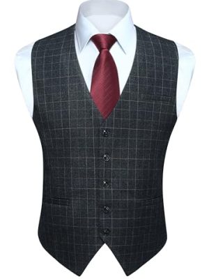 Men's Suit Vest Plaid Dress Vest for Men Slim Fit Formal Business Waistcoat Tuxedo V-Ncek Solid Vest for Wedding