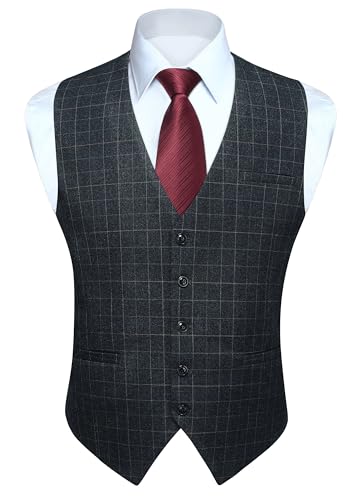 Men's Suit Vest Plaid Dress Vest for Men Slim Fit Formal Business Waistcoat Tuxedo V-Ncek Solid Vest for Wedding