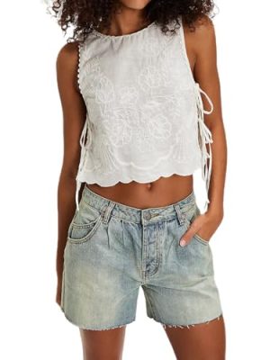 41OMzkvnKQL.jpg Embroidery Flower Tank Tops for Women Y2K Sleeveless Square Neck Tie Up Cropped Vest Summer Chic Going Out Blouse