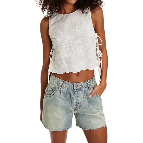 41OMzkvnKQL.jpg Embroidery Flower Tank Tops for Women Y2K Sleeveless Square Neck Tie Up Cropped Vest Summer Chic Going Out Blouse