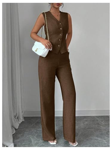 Women's 2 Piece Outfits V Neck Button Down Vest Tops and High Waisted Pants Set Office Work Suit