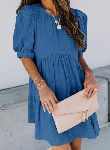 41Oae9zXMxL.jpg Womens Summer Crewneck Puff Sleeve Babydoll Elegant Empire Waist Mini Swing Skater Dresses with Pockets