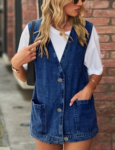 Women's Casual Denim Jean Vest Oversized Sleeveless Mid Long Button Down Jeans Jackets Vests Tops Waistcoat ?