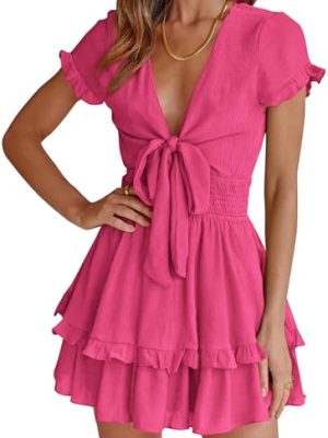 41PSYb6jYNL.jpg Women Summer Mini Short Dress 2025 Short Sleeve Casual Beach Vacation Sundress V Neck Tiered Sun Dresses