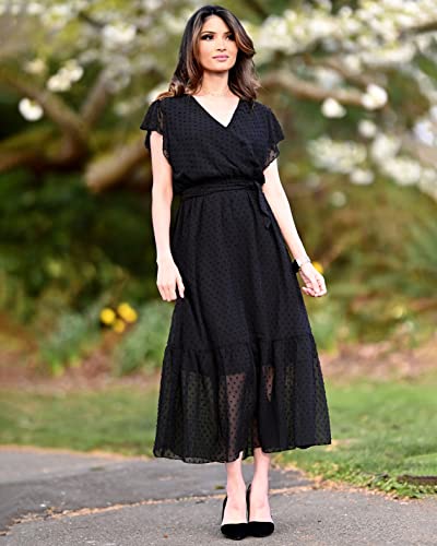 41Q5NzCe9jL.jpg Women Summer Bohemian Floral Casual Wrap V Neck Ruffle Cap Sleeveless Belt A-Line Pleated Hem Midi Sun Dress White