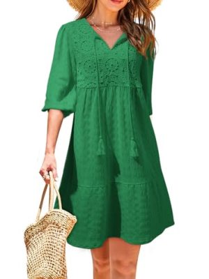 Womens Dresses Summer V Neck Drawstring Embroidered Half Sleeve Mini Dress Boho Dresses for Women 2025 Sundresses