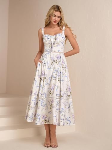 41QYALD5MTL.jpg Floral Corset Midi Dress Lace Up Cutout Flowy Summer Wedding Guest Dresses for Women Sundress with Pockets