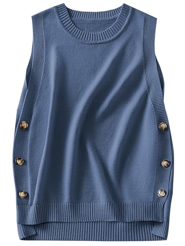 41QkFyHOk5L.jpg Womens Sweater Vest Summer Sleeveless Crewneck Ribbed Knit Side Button Loose Pullover Tank Tops 2025 Fall Outfits