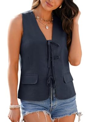 Linen Vest for Women Trendy Sleeveless Tie Front Tops Summer Casual Top Waistcoat Suit Vests with Pockets