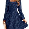 Women's Square Neck Fall Long Sleeve Mini Dress Smocked Swing Ruffle Wedding Guest Dress