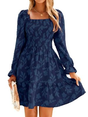 41RNZU76vGL.jpg Women's Square Neck Fall Long Sleeve Mini Dress Smocked Swing Ruffle Wedding Guest Dress