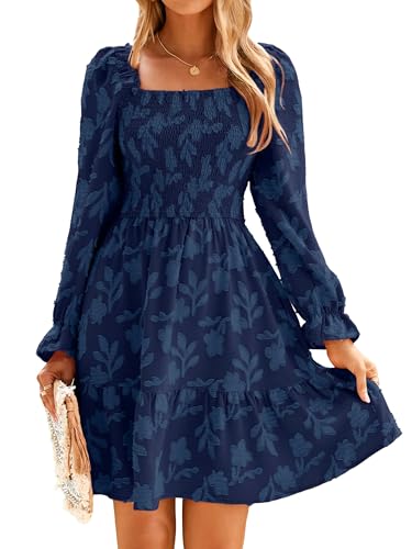 Women's Square Neck Fall Long Sleeve Mini Dress Smocked Swing Ruffle Wedding Guest Dress