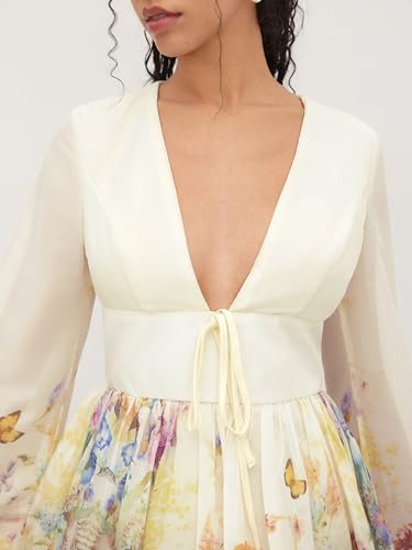 41RZEFgyxL.jpg Dresses for Women Floral Print V Neck Long Sleeve High Waist Knotted Ruffle A Line Mini Dress